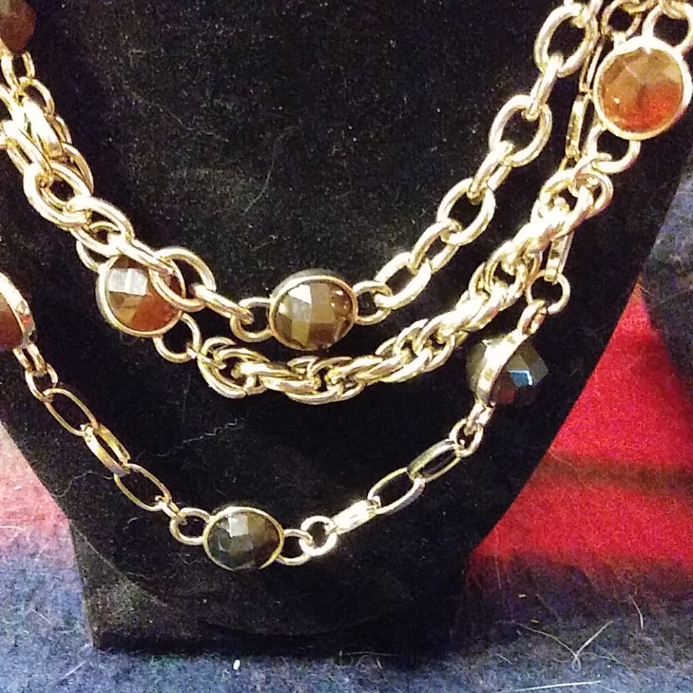 Three Gold Chains With Brown Beads Necklace